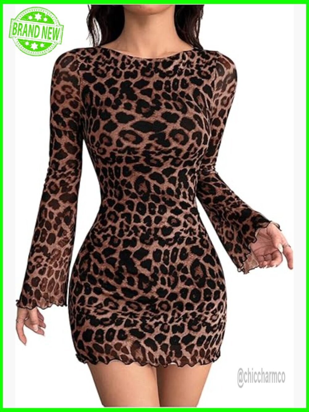 Cheetah Leopard Print Backless Mesh Long Sleeve Bodycon Mini Dress Y2k